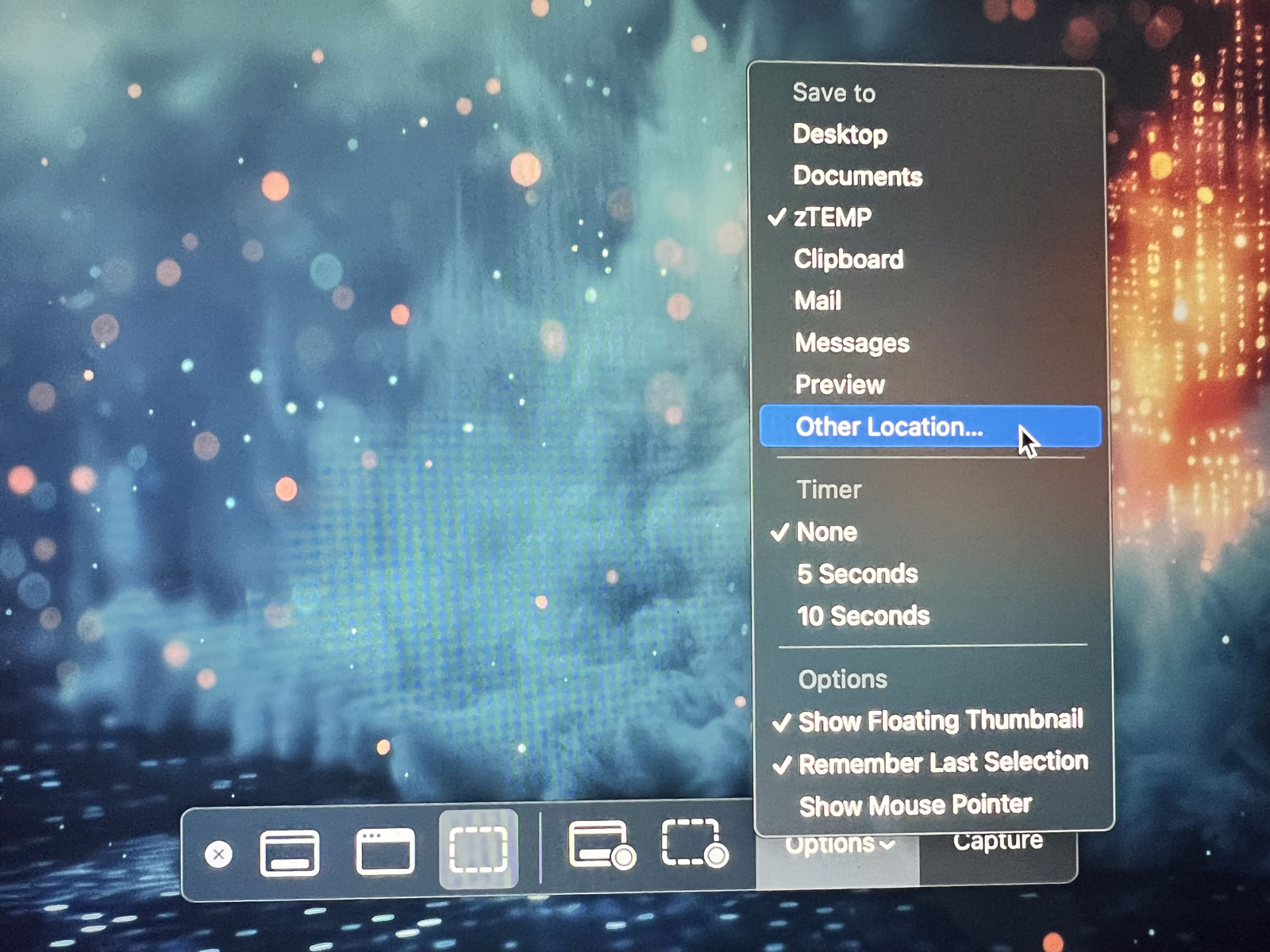 A Computer Screen On A Mac Showing A Screenshot Options Menu With Choices Like &Quot;Save To Desktop&Quot; And &Quot;Other Location&Quot; For A Cleaner Workspace, Including The Ability To Change Default Screenshot Location. -- How To Change The Default Screenshot Location On Your Mac