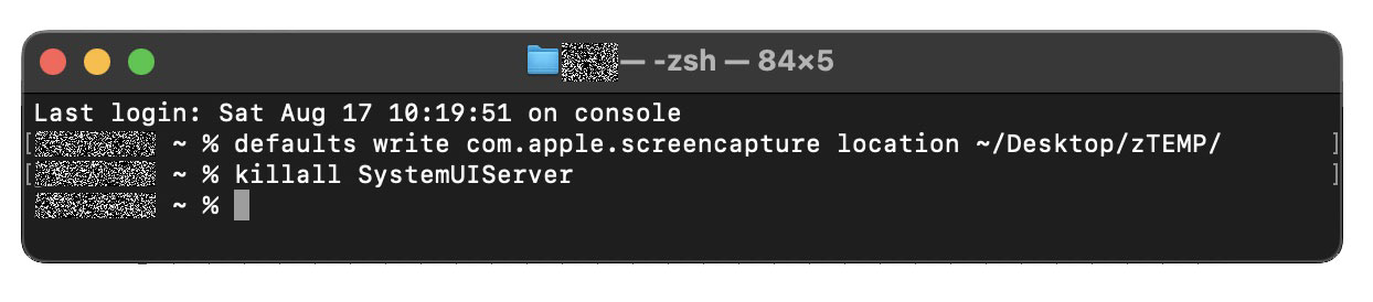 Terminal Window Displaying Commands To Change The Default Screenshot Location To &Quot;~/Desktop/Ztemp/&Quot; On A Mac And Restart The Systemuiserver For A Cleaner Workspace.