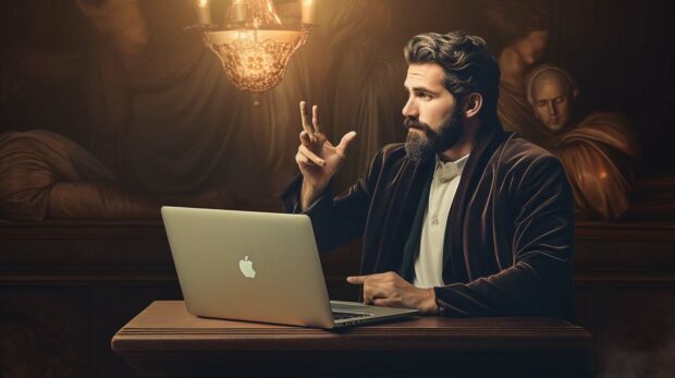 Man Casually Dictating A Speech To His Macbook Laptop