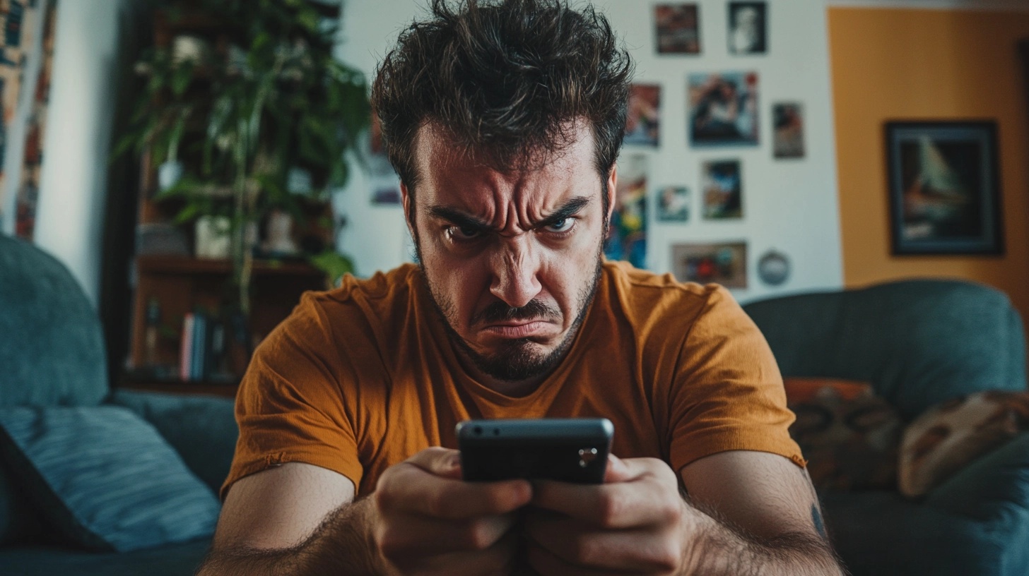 A Man In An Orange Shirt Looks Intensely At His Smartphone While Sitting On A Couch In A Living Room, Perhaps Struggling With The Latest Sonos App Update. The Background Features Framed Photos And A Plant.