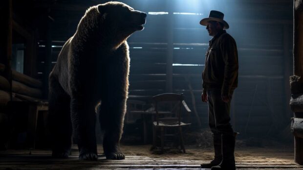 A Man Standing Next To A Bear In A Barn Because Of An Autocorrect Fail.