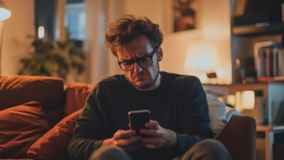 A person wearing glasses looks at their iPhone with a grimace, likely frustrated by the diminishing battery life, while sitting on a couch in a dimly lit living room.