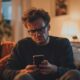 A person wearing glasses looks at their iPhone with a grimace, likely frustrated by the diminishing battery life, while sitting on a couch in a dimly lit living room.