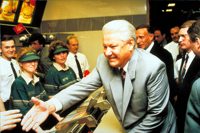 Boris Yeltsin Shaking Hands At A Mcdonald'S Restaurant Opening In Moscow
