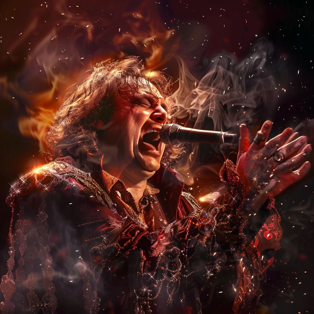 Meat Loaf - Person Singing Passionately Into A Microphone With A Background Of Flames And Smoke, Surrounded By Posters Featuring The Weirdest Band Names.