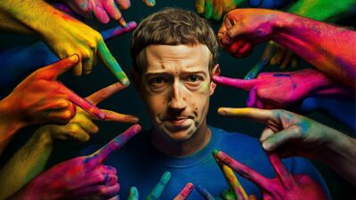 mark Zuckerberg with a neutral expression is surrounded by multiple hands pointing, each covered in different vibrant colors, symbolizing a community-based system where collective perspectives converge.