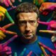 mark Zuckerberg with a neutral expression is surrounded by multiple hands pointing, each covered in different vibrant colors, symbolizing a community-based system where collective perspectives converge.