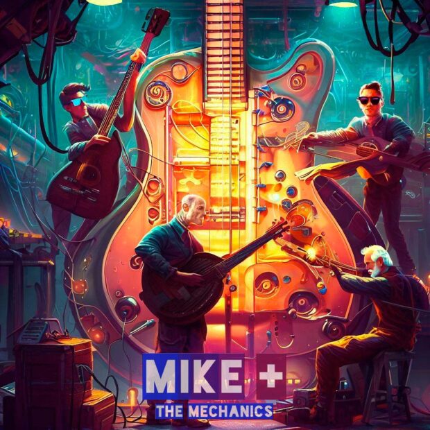 A Visually Stunning Illustration Of Four Mechanics Working On A Giant Guitar Inspired By Mike + The Mechanics