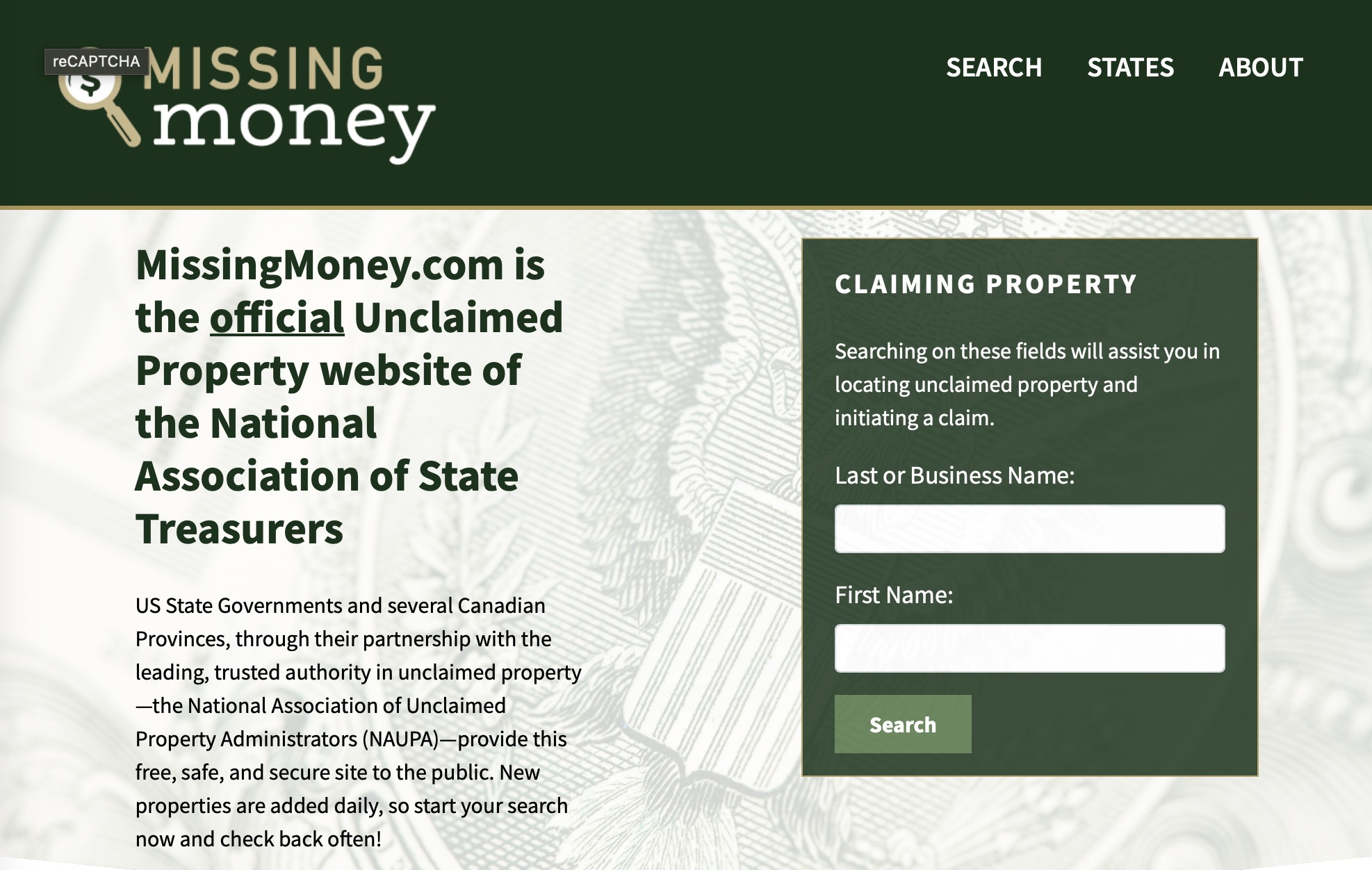 Screenshot Of Missingmoney.com'S Homepage. Text Explains The Website'S Purpose As An Official Unclaimed Property Site Of The National Association Of State Treasurers. Includes A Search Section For Missing Money Claims, Whether You'Re Looking For Unclaimed Money In California Or Pennsylvania.