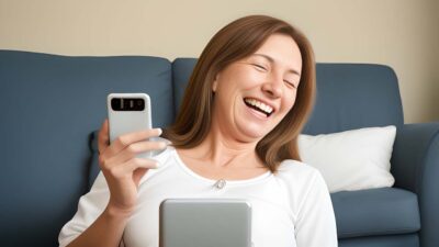 A mom laughing at a smartphone and tablet