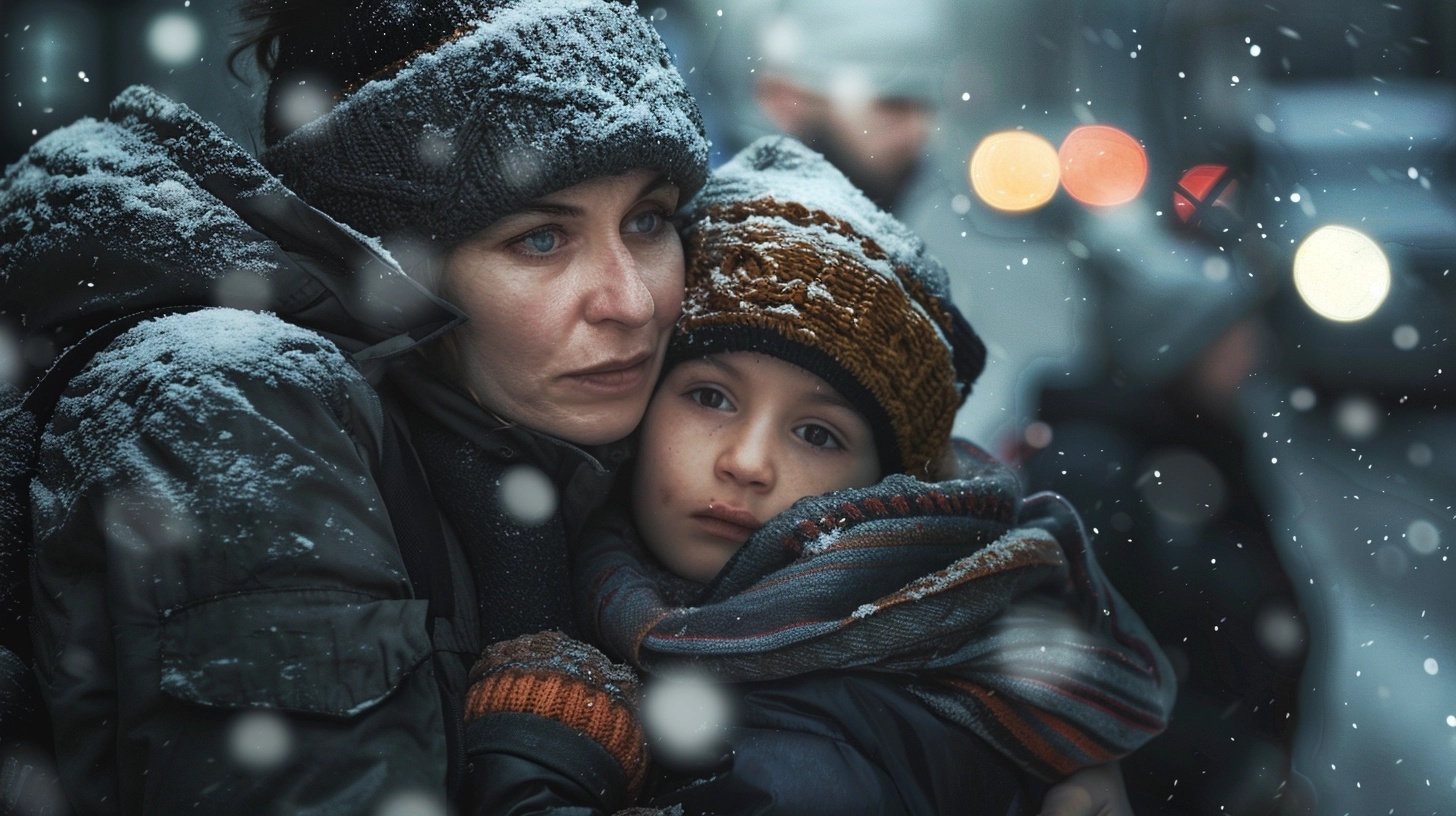 A Woman And Child Dressed In Warm Winter Clothes Stand Together Outside During Extreme Cold, With Blurred Street Lights In The Background.