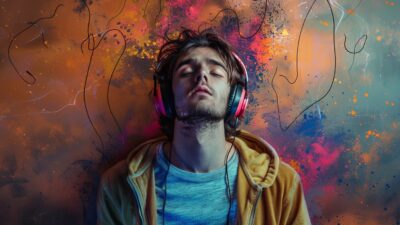 Young man wearing headphones, leaning back with eyes closed, in front of a colorful abstract background, enjoying the bliss of free music sharing.