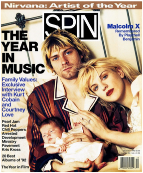 Spin Magazine Cover Featuring Kurt Cobain, Courtney Love, And Their Baby. Text Includes &Quot;Nirvana: Artist Of The Year,&Quot; &Quot;The Year In Music,&Quot; &Quot;Exclusive Interview With Kurt Cobain And Courtney Love.&Quot; 