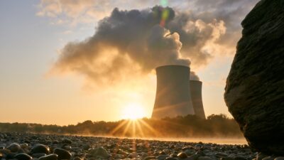 nuclear power plant, cooling tower, sunrise