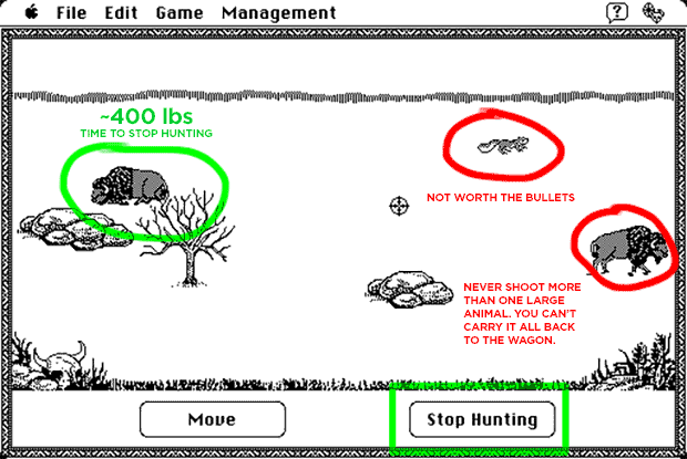 A Screenshot Of The Oregon Trail Game Showing A Successful Hunting Strategy. -- In The 1980S And 1990S, The Oregon Trail Was One Of The Few Video Games That You Could Get Away With Playing At School. But This Historic Simulator Was Teaching Us Much More Than Our Younger Selves Were Aware At The Time. Here Are Some Things That You Probably Missed In The Oregon Trail Game As A Kid, But Later Noticed As An Adult.