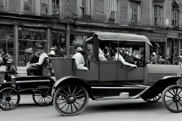 Old Sepia Tone Photograph Of A Model T Car Driving Through A Crowded City Street In 1920.