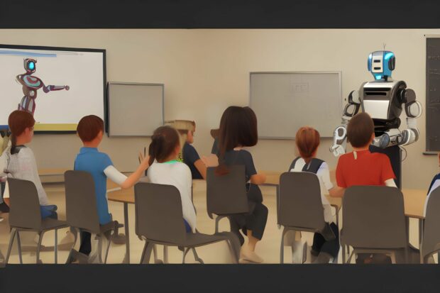 Robot Teacher Teaching In A Classroom Full Of Human Students 
