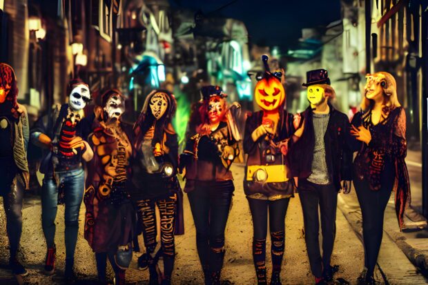 Group Of Halloween Monsters Wearing Headphones And Listening To Music While Walking Down A Street At Night