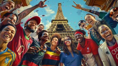 Paris Olympics Fans - A diverse group of smiling people in different sports jerseys gather in front of the Eiffel Tower under a sunny sky, celebrating gender equality in sports with confetti falling around them.