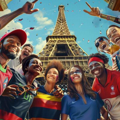 Paris Olympics Fans - A Diverse Group Of Smiling People In Different Sports Jerseys Gather In Front Of The Eiffel Tower Under A Sunny Sky, Celebrating Gender Equality In Sports With Confetti Falling Around Them.
