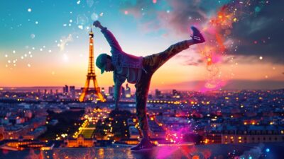 Paris Olympics Breakdancing - A dancer performs a high kick with colorful light effects in front of the Eiffel Tower at sunset, reminiscent of celebrating new sports like karate making their Olympic debut.