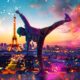 Paris Olympics Breakdancing - A dancer performs a high kick with colorful light effects in front of the Eiffel Tower at sunset, reminiscent of celebrating new sports like karate making their Olympic debut.