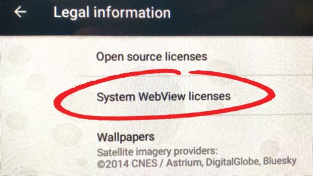 After You Select System Webview Licenses, The Next Screen Will Show You A Long List Of Licenses. Each License Has Two Links That Say &Quot;Show License&Quot; And &Quot;Homepage.&Quot;