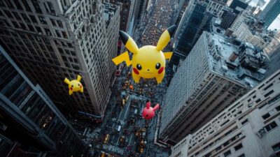 Large Pikachu balloons float above a crowded city street lined with tall buildings during the NBC parade, delighting onlookers both in person and through streaming options on Peacock.