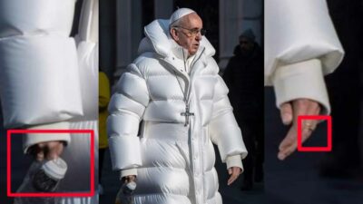 An AI image of the Pope wearing a white jacket with a ring on his finger, commonly called the Pope puffer jacket.