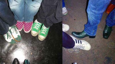 A group of people standing next to each other wearing green shoes, showcasing their fashionable footwear. - Interview with Helen Lawrence, the creator of the blog 