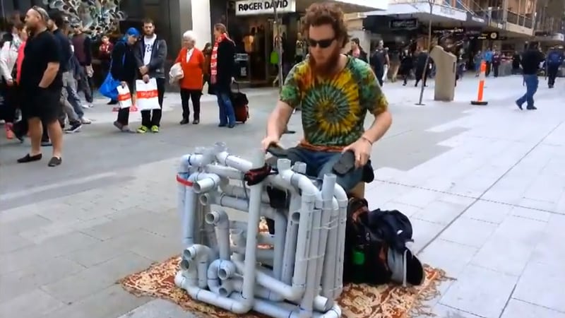 Street Musician Plays Analog Techno Music Using PVC Pipes