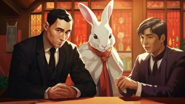 Two Men Sitting At A Table With A Rabbit, Enjoying Funny Autocorrect Fails.