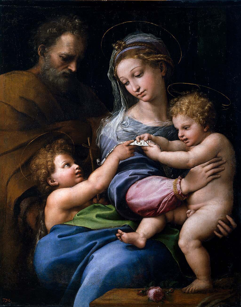 The Madonna Of The Rose (Madonna Della Rosa) Is A Raphael Painting Depicting The Virgin Mary, Young John The Baptist, And The Baby Jesus With Saint Joseph.