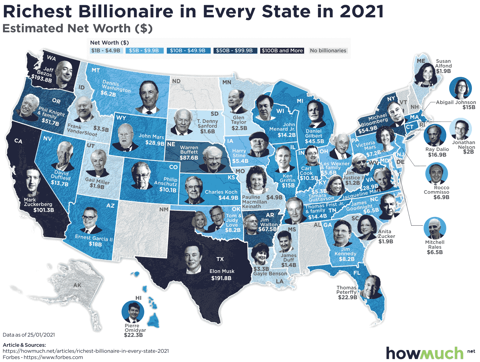 A Map Of America'S Richest Person In Every State - The Richest Person In Every State 2021 Mapped