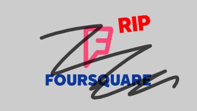 A Foursquare logo with the letters "RIP" in red above and a scribble over it on a gray background, hinting at the transition from traditional check-ins to Swarm's dynamic city guide features.