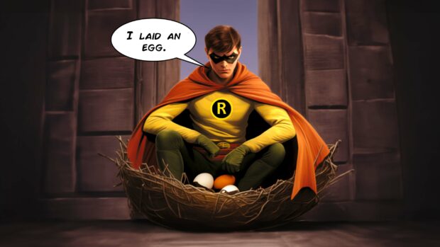 Robin From Batman And Robin Sitting In A Nest With A Speech Bubble, Tracing The Origin Of Jingle Bells Batman Smells.
