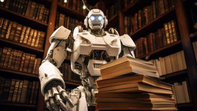A Robot, Equipped With Ai Technology, Stands In Front Of Books In A Library And Is Ready To Learn About Ai Terms 101: An A To Z Ai Terminology Guide For Beginners.