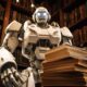 A robot, equipped with AI technology, stands in front of books in a library and is ready to learn about AI Terms 101: An A to Z AI Terminology Guide for Beginners.