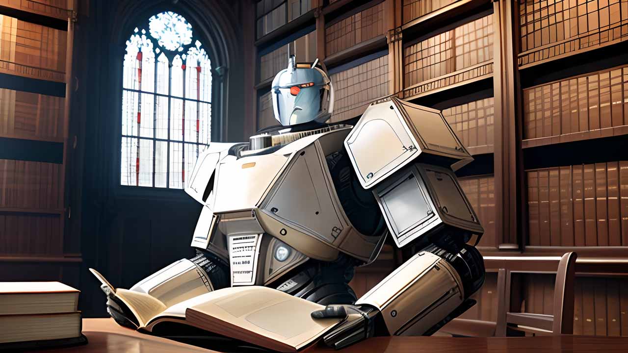 A Robot Sitting At A Table Reading A Book, Exploring Ai Terminology And Concepts. -- A Robot, Equipped With Ai Technology, Stands In Front Of Books In A Library And Is Ready To Learn About Ai Terms 101: An A To Z Ai Terminology Guide For Beginners.