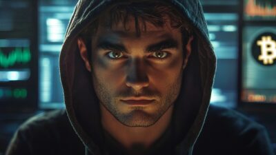 Ross Ulbricht in a hooded sweatshirt looks intently at the camera, as digital screens and a Bitcoin symbol illuminate the background, evoking the story of Ross Ulbricht, the Silk Road founder whose legacy continues to intrigue in discussions about online freedom and justice.