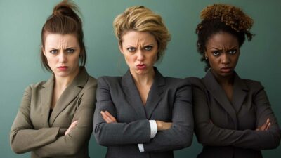 Three women in suits stand with arms crossed against a green background, each displaying a serious facial expression, embodying the strength of the Feminist Resurgence.