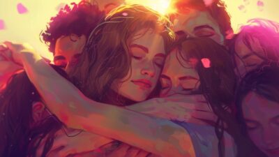 Sad Group Hug - A group of people sharing a close embrace in a warm, sunlit, artistic scene with soft pink highlights, reminiscent of the comforting moments often found in non-religious funeral gatherings.