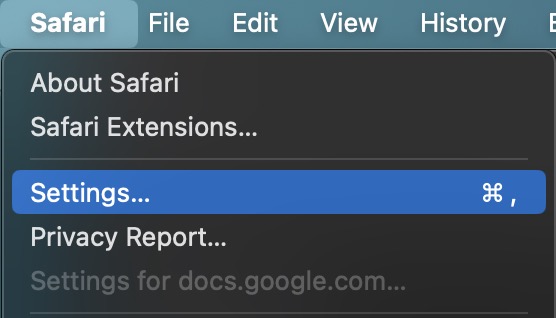 How To Access Safari Preferences - A Screenshot Of A Safari Browser Menu On Macos Shows Options: About Safari, Safari Extensions, Settings (Highlighted), Disable Safari Notifications, Privacy Report, And The Greyed-Out &Quot;Settings For Docs.google.com&Quot;.