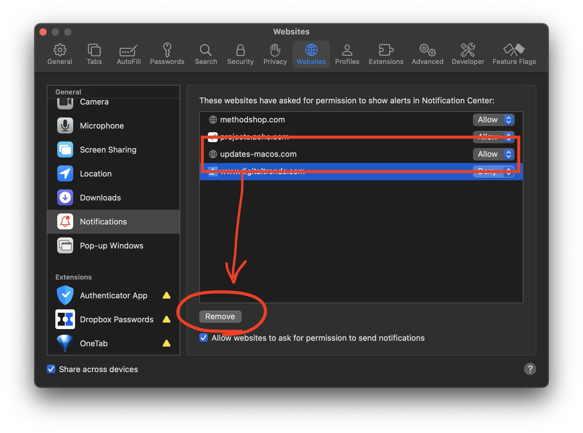 Navigate To Safari Website Settings - The Macos Browser Settings Window Displays Permissions For Safari Notifications. A Website Is Highlighted And Linked To A &Quot;Remove&Quot; Button, Indicating That The User Intends To Disable Safari Notifications For That Site.