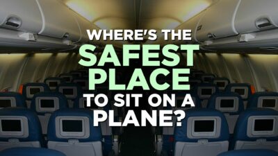 Photo Of The Inside Of An Airplane With A Graphic That Says, &Quot;Where'S The Safest Place To Sit On A Plane?&Quot;