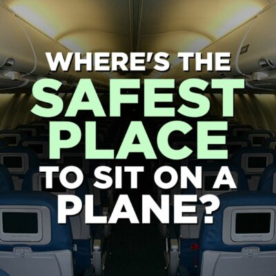 Photo of the inside of an airplane with a graphic that says, "Where's the safest place to sit on a plane?"