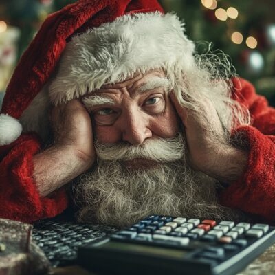 Christmas Budget Cuts: Santa Claus, Amidst The Festive Holiday Decorations, Looks Stressed As He Sits At A Table With A Calculator, Grappling With Budget Cuts. Even So, His Eyes Still Twinkle With Hope For A Merry Christmas.