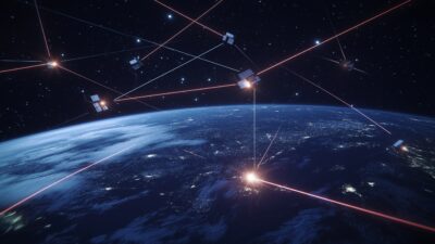 Satellites orbit Earth, connected by red lines, illustrating a global communication network powered by Starlink against a starry space backdrop.