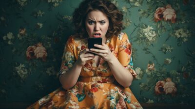 A woman in a floral dress is looking at her phone, experiencing funny autocorrect fails.