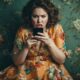 A woman in a floral dress is looking at her phone, experiencing funny autocorrect fails.